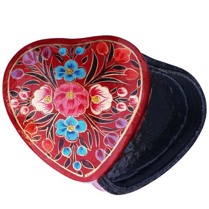 Handmade Red Heart Shaped Jewelry Box In Paper Mache Art Floral Motifs Benzara Brand
