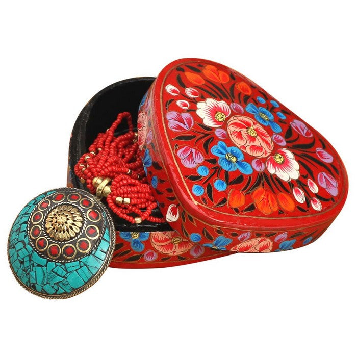 Handmade Red Heart Shaped Jewelry Box In Paper Mache Art Floral Motifs Benzara Brand