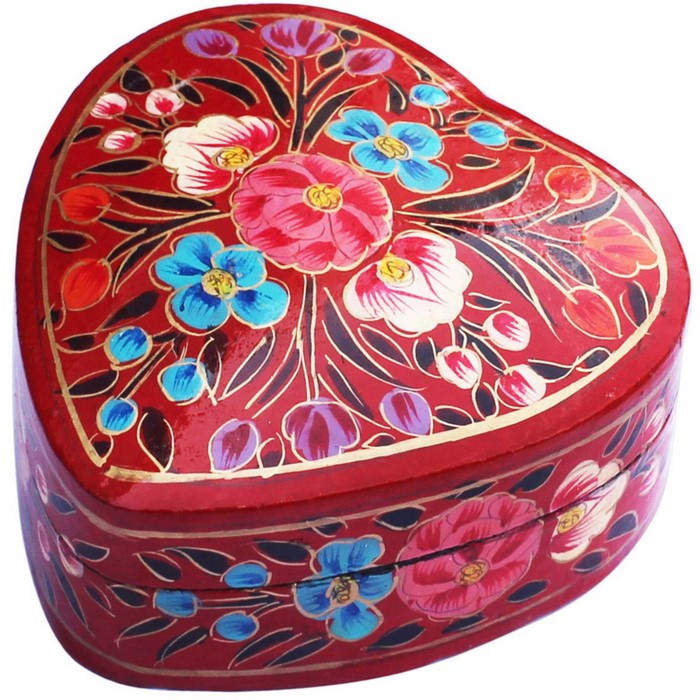 Handmade Red Heart Shaped Jewelry Box In Paper Mache Art Floral Motifs Benzara Brand