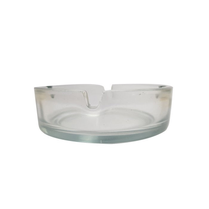 Minimalistic Round Ashtray In Clear Glass With 4 Cigarette Slots Benzara Brand