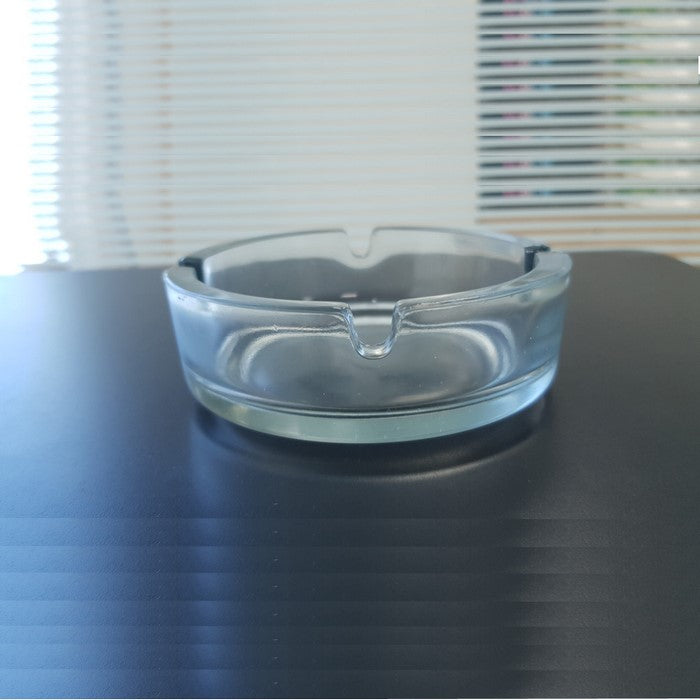 Minimalistic Round Ashtray In Clear Glass With 4 Cigarette Slots Benzara Brand