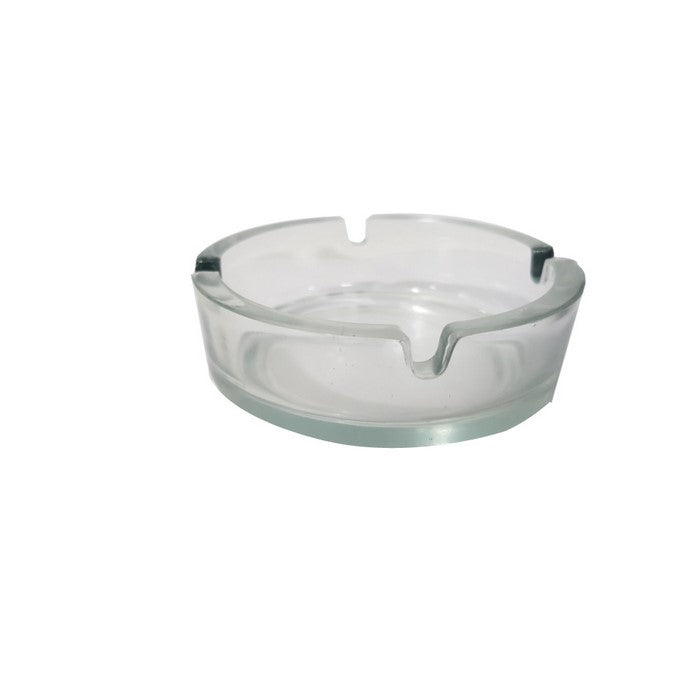 Minimalistic Round Ashtray In Clear Glass With 4 Cigarette Slots Benzara Brand