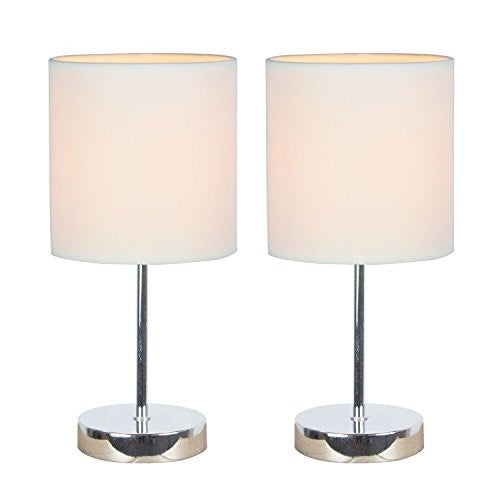 Simple Designs LT2007-WHT-2PK Chrome Mini Basic Table Lamp 2 Pack Set with Fabric Shades, White