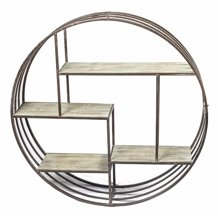 Round Metal Wall Shelf With Wooden Shelves, Brown