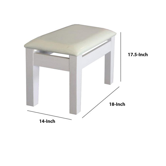 17.50 Inch Wooden Frame Padded Vanity Stool, White