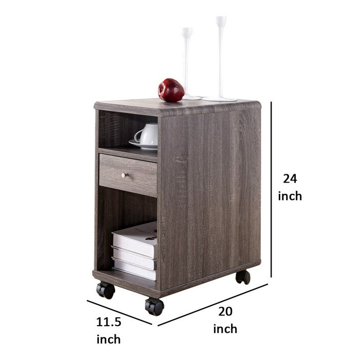 Elegant Chairside Table With Display Shelves and Drawer, Gray