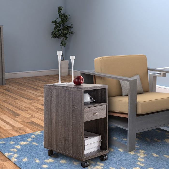 Elegant Chairside Table With Display Shelves and Drawer, Gray