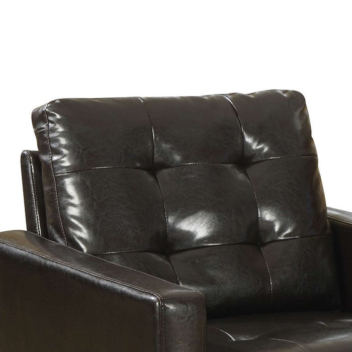 Leatherette Accent Chair with Tufted Details and Track Armrests, Dark Brown