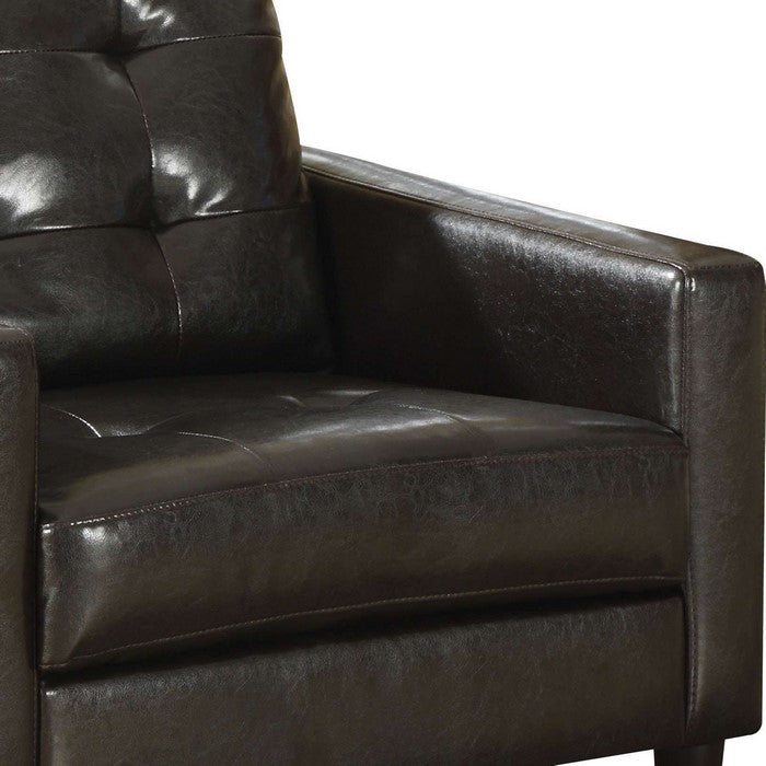 Leatherette Accent Chair with Tufted Details and Track Armrests, Dark Brown