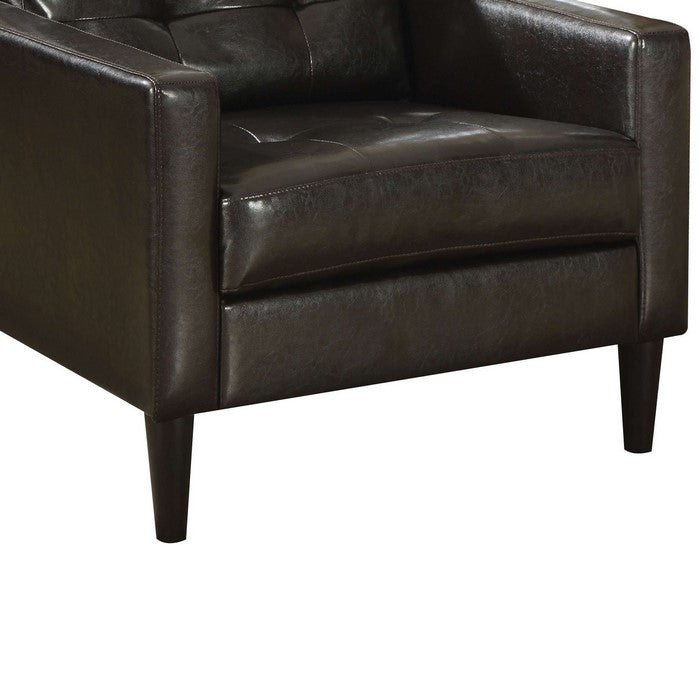 Leatherette Accent Chair with Tufted Details and Track Armrests, Dark Brown