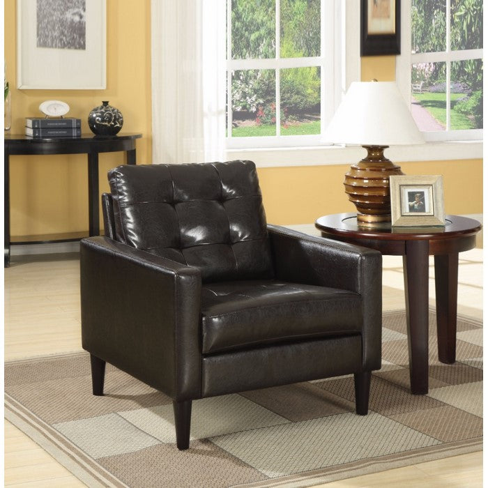 Leatherette Accent Chair with Tufted Details and Track Armrests, Dark Brown