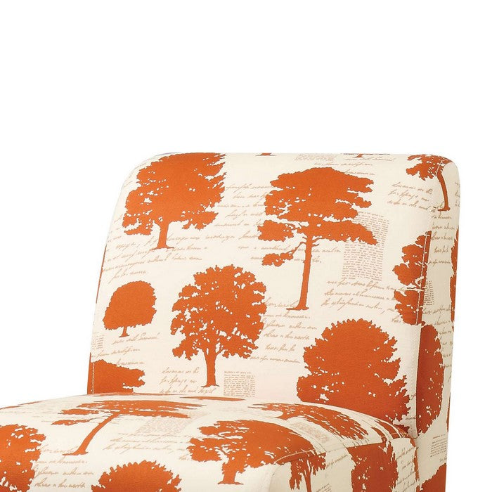 Tree Pattern Fabric Accent Chair with Wooden Legs, Orange and Cream