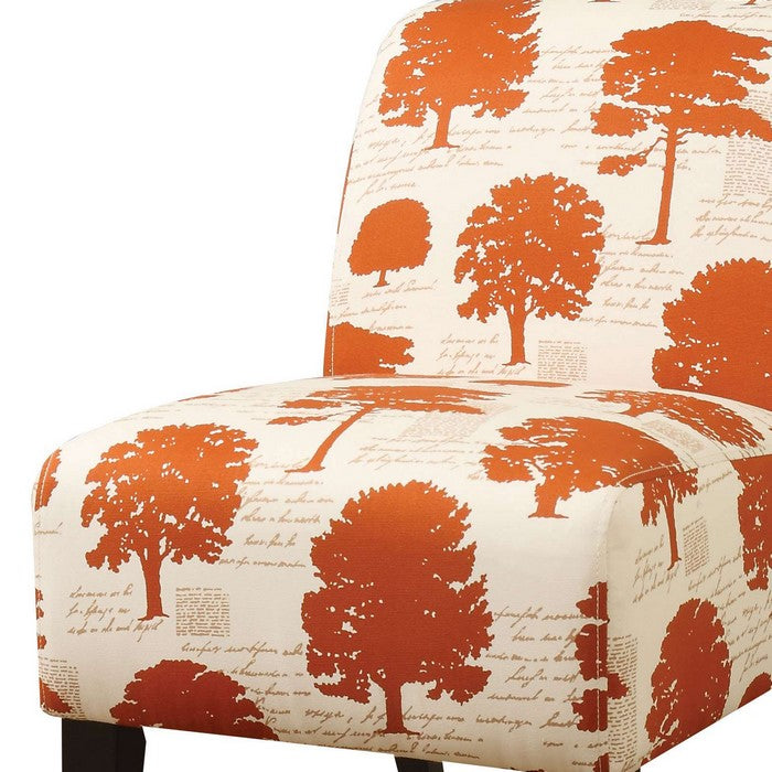 Tree Pattern Fabric Accent Chair with Wooden Legs, Orange and Cream