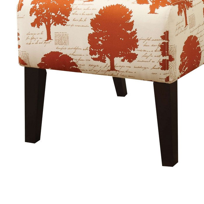 Tree Pattern Fabric Accent Chair with Wooden Legs, Orange and Cream