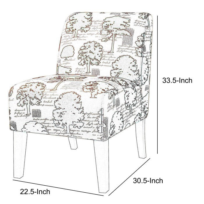 Tree Pattern Fabric Accent Chair with Wooden Legs, Orange and Cream