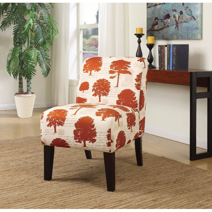 Tree Pattern Fabric Accent Chair with Wooden Legs, Orange and Cream