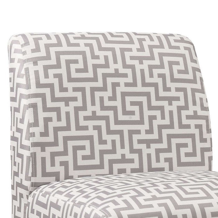 Trellis Pattern Fabric Accent Chair with Wooden Legs, White and Gray