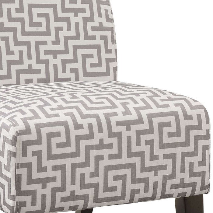 Trellis Pattern Fabric Accent Chair with Wooden Legs, White and Gray