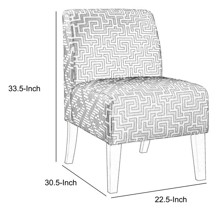 Trellis Pattern Fabric Accent Chair with Wooden Legs, White and Gray