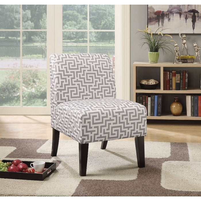 Trellis Pattern Fabric Accent Chair with Wooden Legs, White and Gray