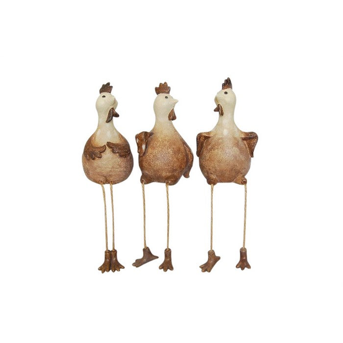 Up-Scaling Set Of 3Decorative Resin Sitting Rooster, Brown And White