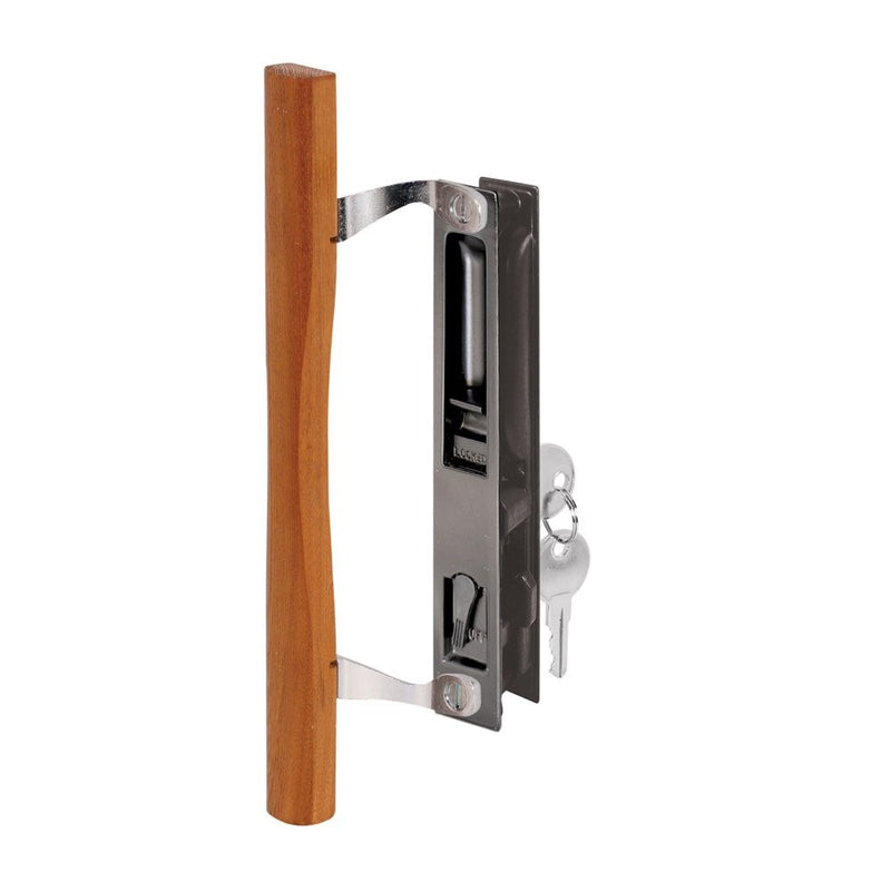 Prime-Line C 1032 Keyed Sliding Glass Door Handle Set – Replace Old or Damaged Door Handles Quickly and Easily –Wood & Black Painted Diecast, Hook Style, Flush Mount (Fits 6-5/8” Hole Spacing)