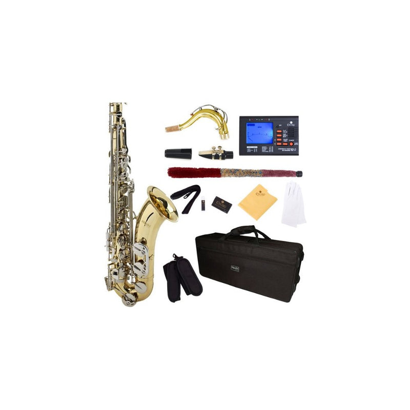Mendini by Cecilio MTS-LN92D Gold Lacquer with Nickel Plated Keys B Flat Tenor Saxophone with Tuner, Case, Mouthpiece, 10 Reeds and More