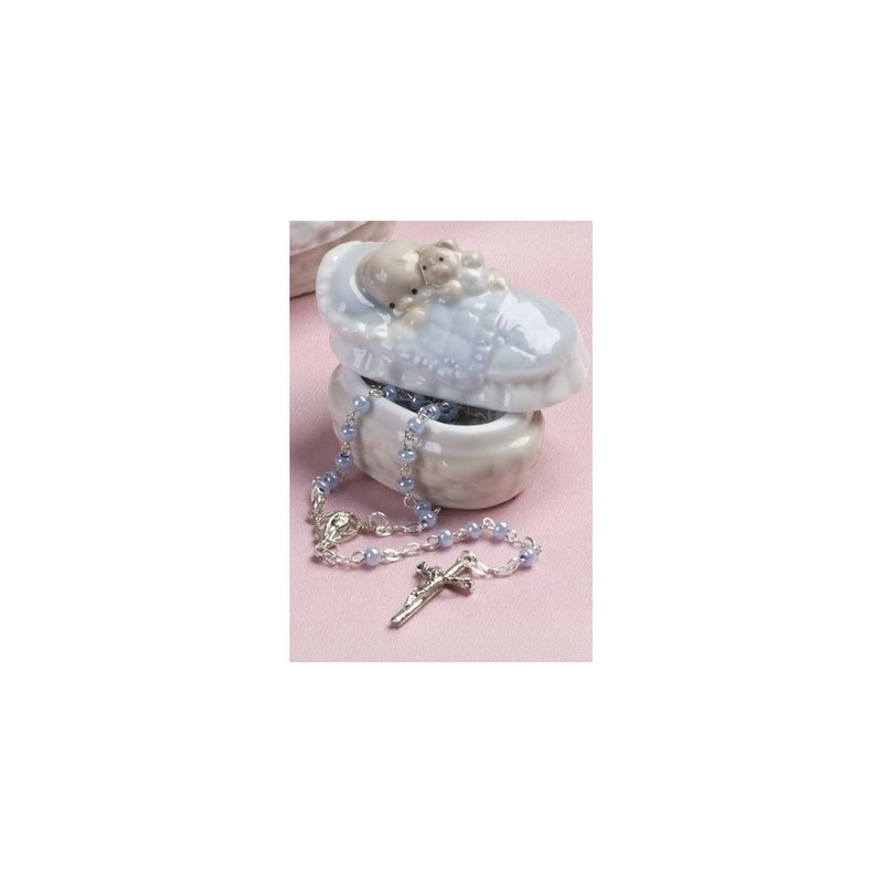 Rosary in Porcelain Keepsake Box for Baby Boy Blue by Roman 31008