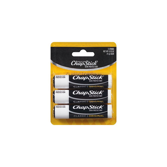 ChapStick Classic (1 Blister Pack of 3 Sticks, Original Flavor) Skin Protectant Flavored Lip Balm Tube, 0.15 Ounce Each