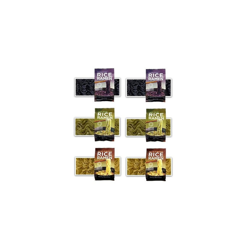Lotus Foods -Gluten Free Rice Ramen Variety Pouch 6 Pack - [Forbidden Rice, Jade Pearl Rice , Millet & Brown Rice ]