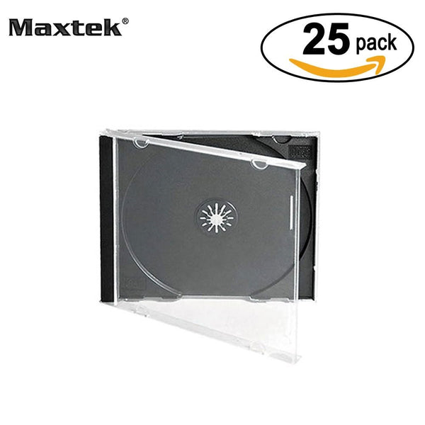 Maxtek 10.4 mm Standard Single Clear CD Jewel Case with Assembled Black Tray, 25 Pack