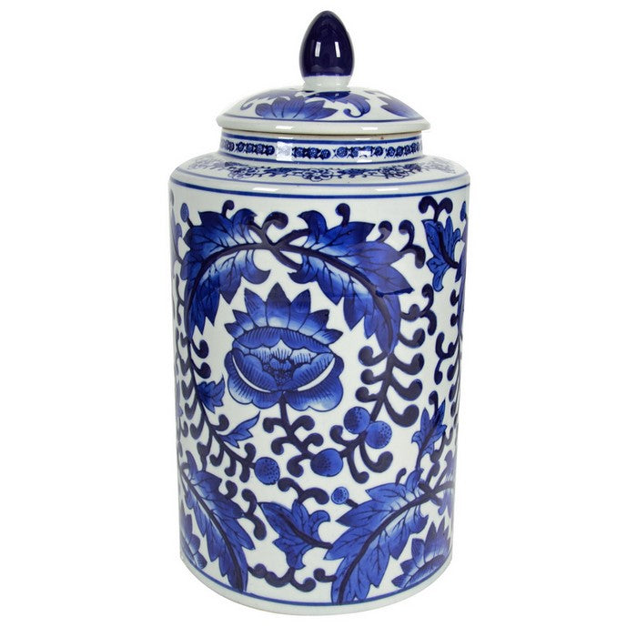 Tall RoundDecorative Jar With A Lid, White and Blue