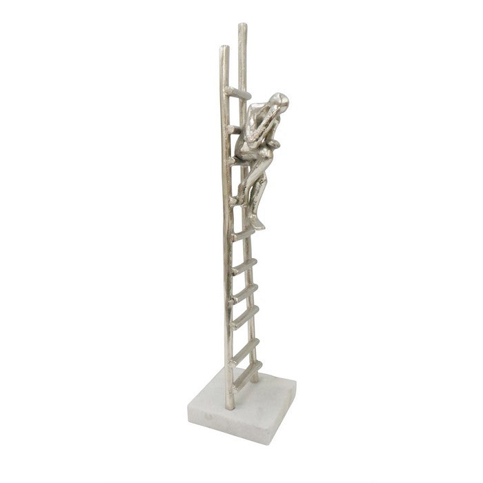 Man Sitting On Ladder Metal Figurine On Marble Base, Silver