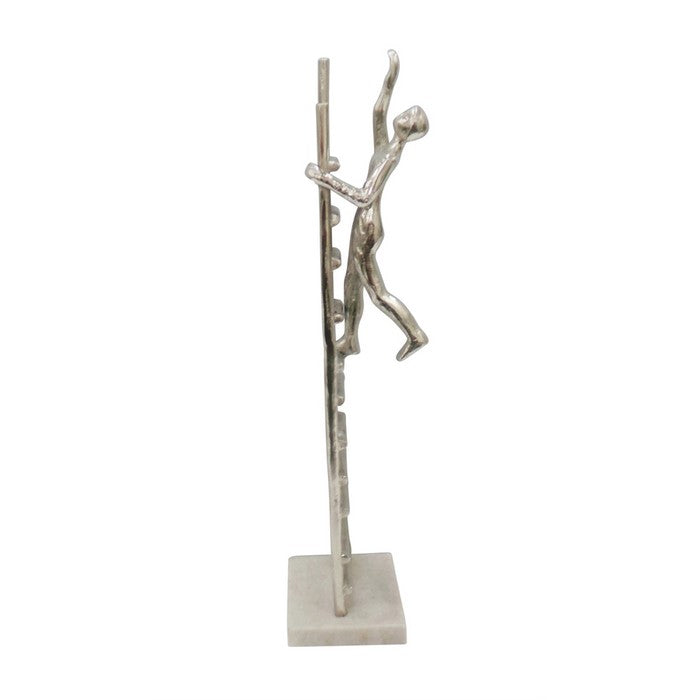 Man Climbing On Ladder Metal Figurine On Marble Base, Silver