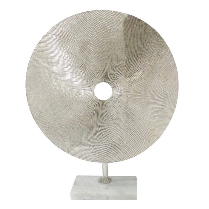 Metal Disk Sculpture On Stand, Silver