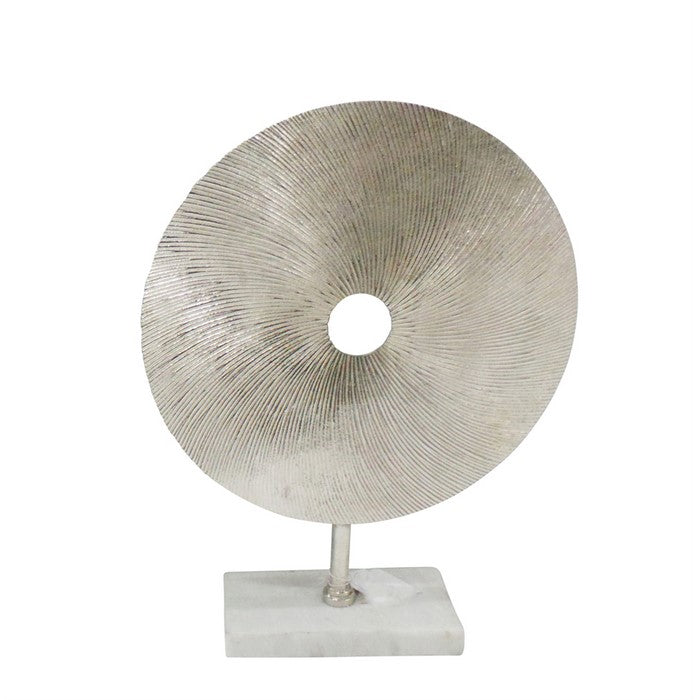 Solid Metal Disk Sculpture On Stand, Silver