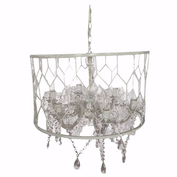 Drum shaped Chandelier With Hanging Crystals, Silver