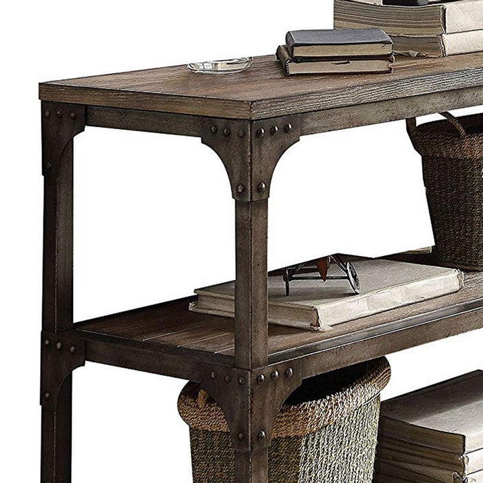 Gorden Console Table With 2  Shelves, Weathered Oak & Antique Silver