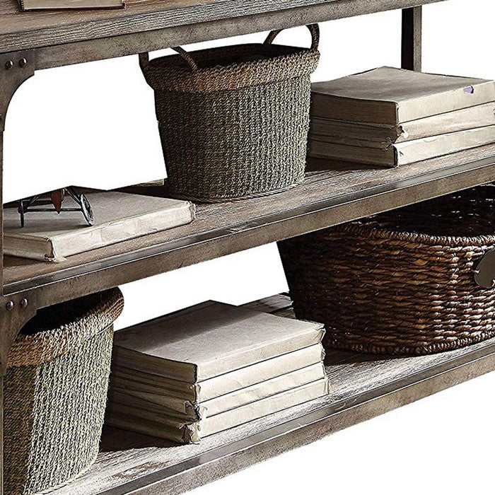 Gorden Console Table With 2  Shelves, Weathered Oak & Antique Silver