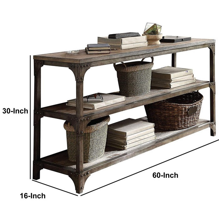 Gorden Console Table With 2  Shelves, Weathered Oak & Antique Silver