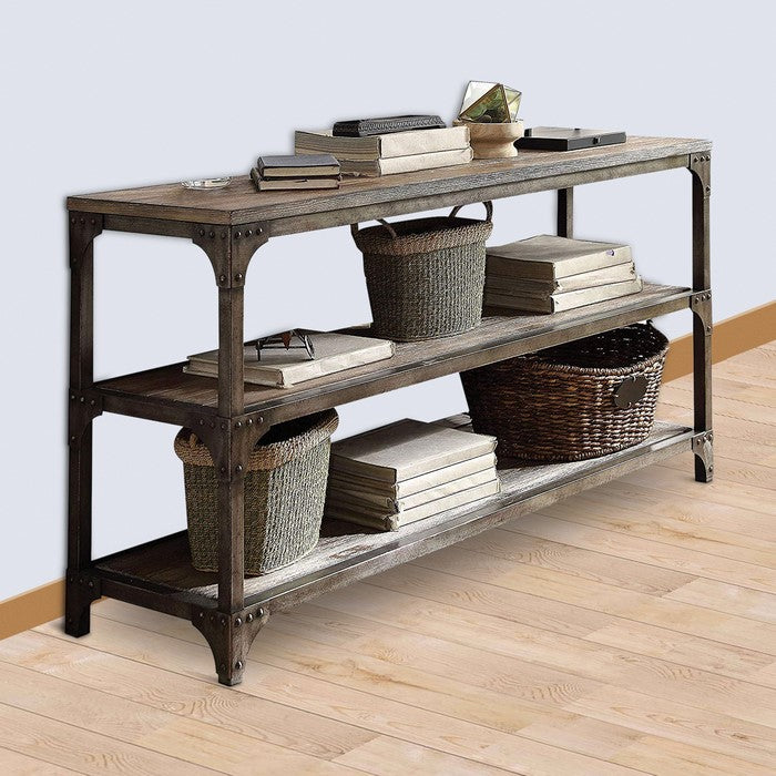 Gorden Console Table With 2  Shelves, Weathered Oak & Antique Silver