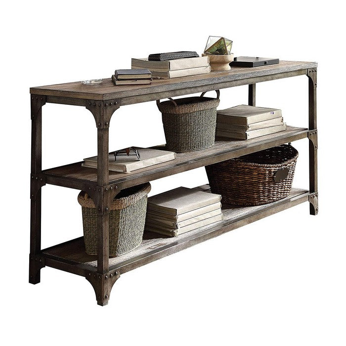 Gorden Console Table With 2  Shelves, Weathered Oak & Antique Silver