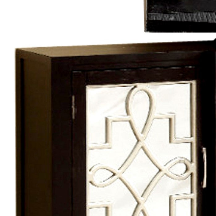 Wooden Console Table with Lattice Mirror Inlay 4 Cabinets, Espresso Brown