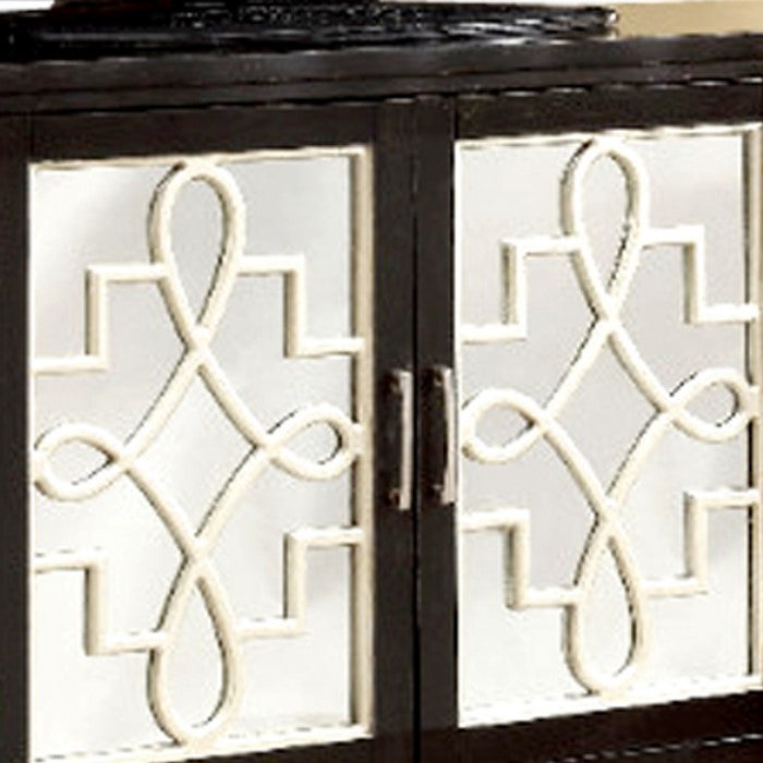 Wooden Console Table with Lattice Mirror Inlay 4 Cabinets, Espresso Brown