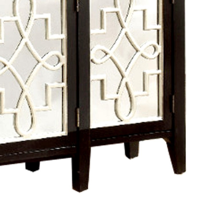 Wooden Console Table with Lattice Mirror Inlay 4 Cabinets, Espresso Brown