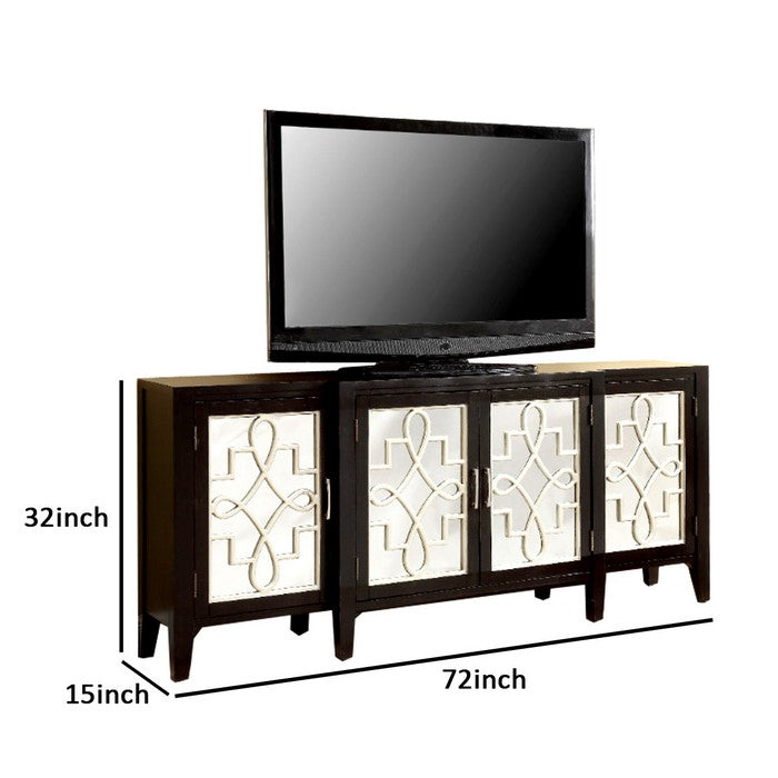 Wooden Console Table with Lattice Mirror Inlay 4 Cabinets, Espresso Brown