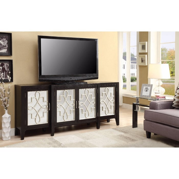 Wooden Console Table with Lattice Mirror Inlay 4 Cabinets, Espresso Brown