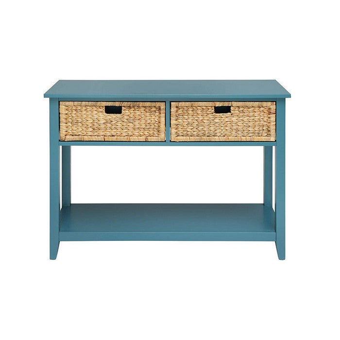 2 Weave Front Drawer Wooden Console Table with Open Bottom Shelf, Blue