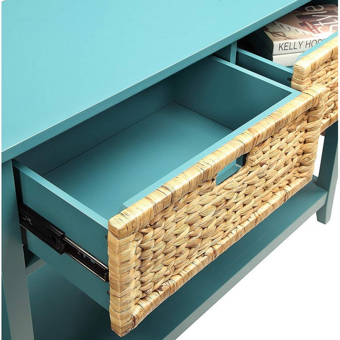 2 Weave Front Drawer Wooden Console Table with Open Bottom Shelf, Blue