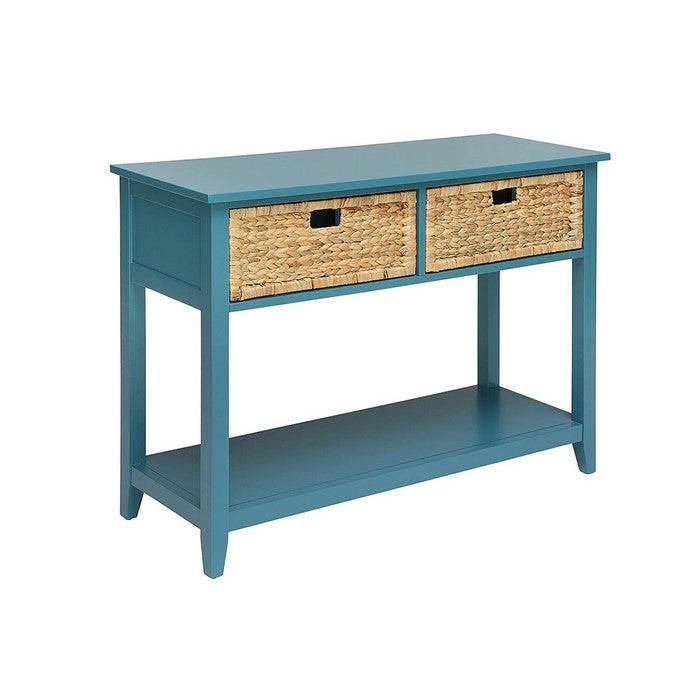 2 Weave Front Drawer Wooden Console Table with Open Bottom Shelf, Blue